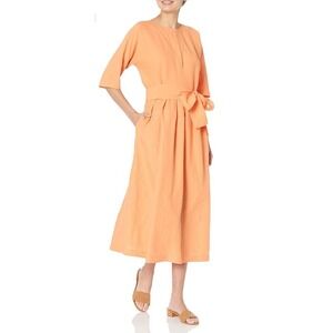 Vince Linen Cotton Boat Neck Golden Sunset Belted Half Sleeve Dress Small